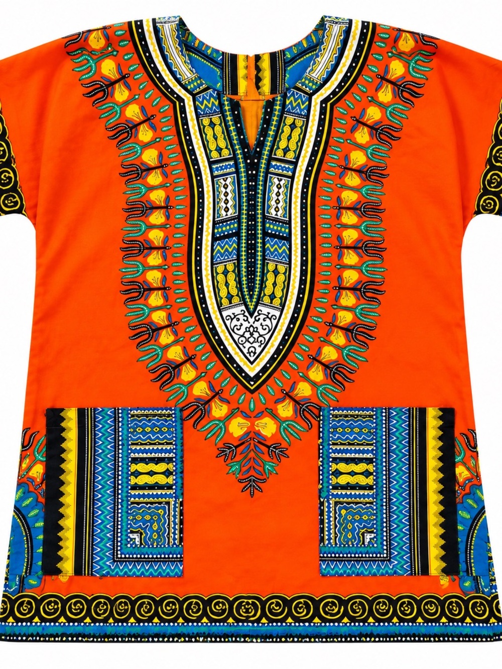 Orange Dashiki Shirt Unisex Short Sleeve Pockets Traditional Print Top